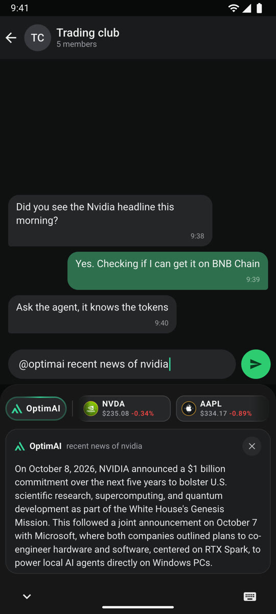 The OptimAI Agentic Android app listing bStocks on BNB Chain