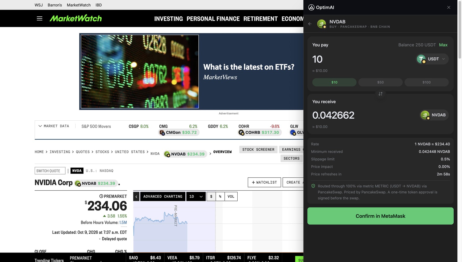 The OptimAI Agentic buy panel open beside a MarketWatch article about NVIDIA
