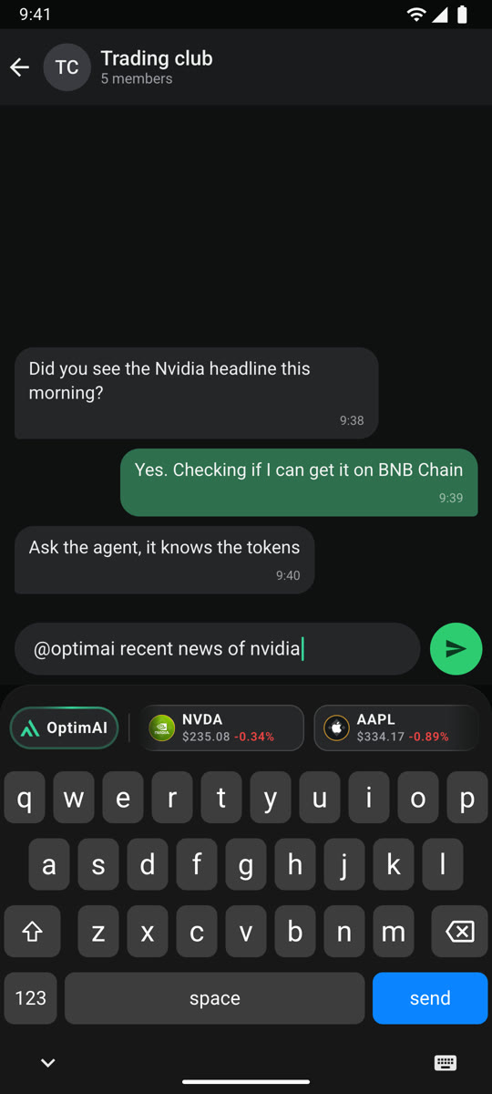OptimAI Keyboard in a group chat with live tickers above the keys