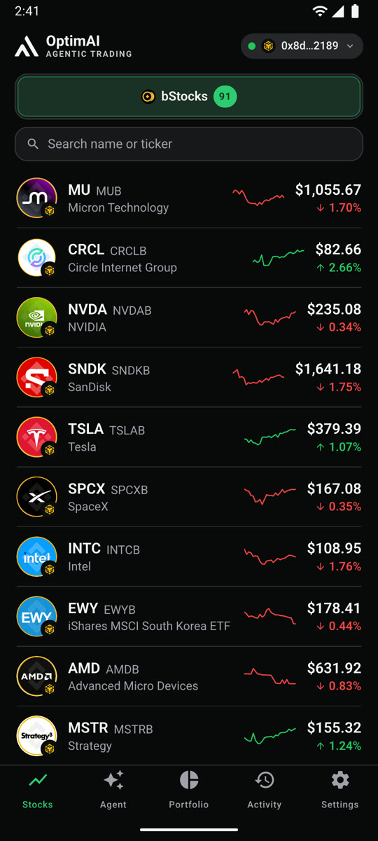 Stocks tab listing bStocks with prices and sparklines