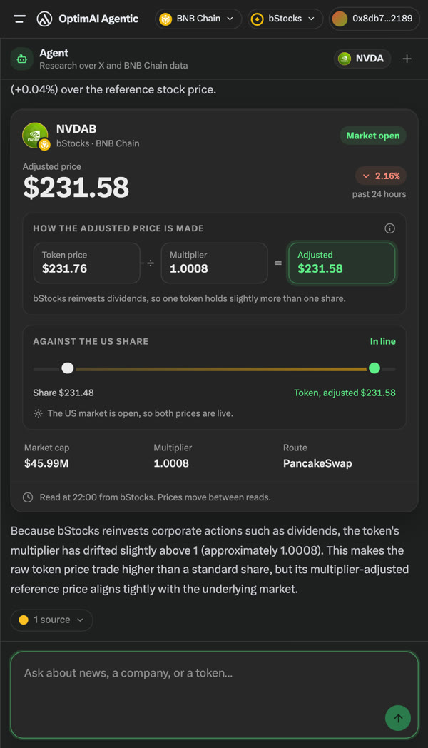 Agent answer showing token price divided by multiplier against the US share