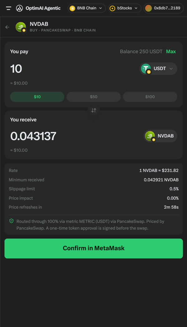 Buy panel with a live PancakeSwap quote for NVDAB, ready to confirm in MetaMask